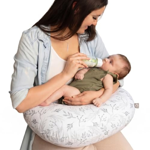 Boppy Stillkissen - Graue sanfte Blätter - größeres, festeres, stützendes Kissen zum Stillen & Flaschenfüttern - Festere Füllung, höhere Hebung, größere Fläche als das Original-Stillkissen