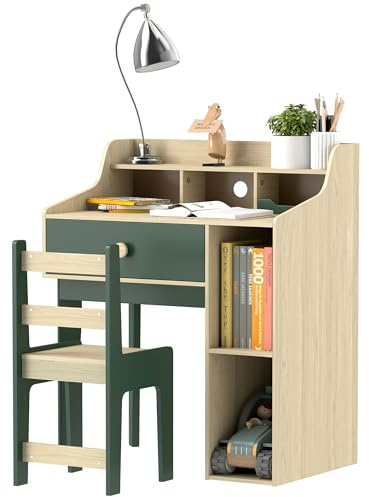 AIYAPLAY Kids Desk and Chair Set with Hutch Drawer Ages 3-10 Years Green