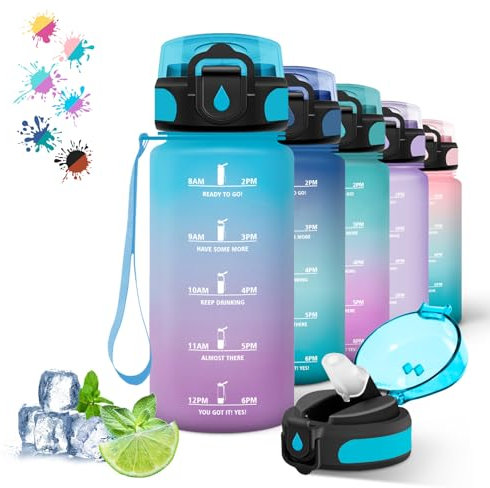 Grsta, 500ml Borraccia Bambini con Cannuccia, Borraccia con Orari per Bere, Facile da Trasportare, Borraccia Scuola, Campeggio, Viaggio, Blu-viola