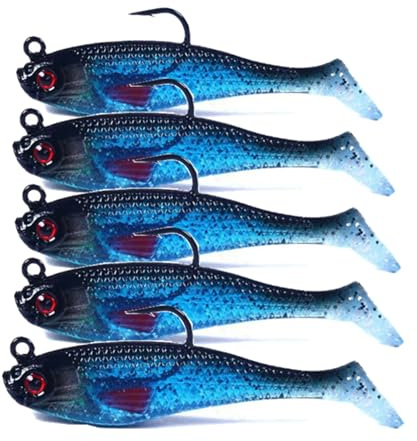 WUWYOUWL Fishing Lure Set, 5Pcs 8cm Soft Bait Head Sea Fish Lures Fishing Tackle Sharp Treble Hook T Tail Artificial Bait (Blue)
