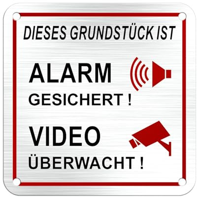 SINMAO Cartel con texto en alemán Dieses Grundstück ist Videoüberwacht 10x10 cm Aufkleber Aluminium Gebürst, Alarm beschsichert Sticker x1Stück