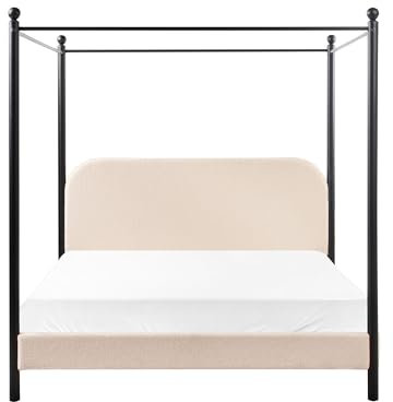 Himmelssäng Retro Minimalistisk 160 x 200 cm Dubbelsäng Svart Metallram Lameller Poppelträ Boucléklädsel Beige Dannemois