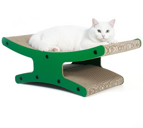 Kratzbrett für Katzen mit Katzenkorb - XL Dual-Sided Kratzpappe für Innenkatzen 56x26x20cm - Stabiles Kratzbett, Ruheplatz & Lounge mit Spielball - Grün