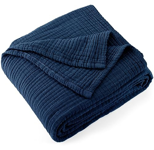 Carriediosa 100% Cotton Muslin Throw Blanket 90 X 90 Queen Size，4-Layers Summer Gauze Throws for Bed Couch，Soft Lightweight Breathable Linen Blankets Bedspread for Adults All Season，Navy Blue