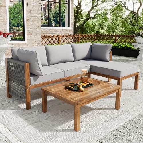 Gegtuon Gartenmöbel Sitzgruppe für Garten, Gartenmöbel-Set mit Tisch | Für 3-4 Personen, BalkonMöbel, Für Balkon, Gartenlounge Ecksofa Möbel mit Couchtisch, Outdoor Lounge Sofa Essgruppe, Grau