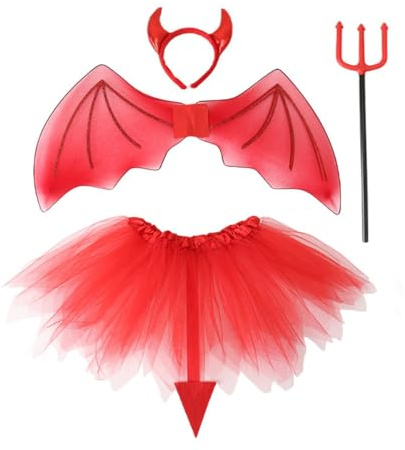 Jackolume Black Red Devil Costume Accessories for Kids - Devil Horns Headband and Pitchfork, Wings and Tutu Dress, Girls Demon Satan Wings Costume Props