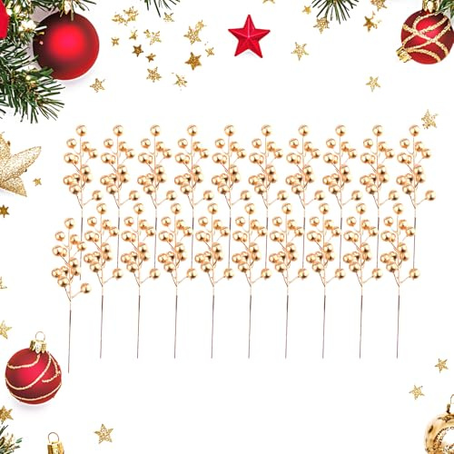 Epunk Púas de bayas de Navidad de 20 cm, 20 tallos, espuma realista rojo/dorado, bayas de acebo para árbol, decoración de invierno para el hogar (dorado)