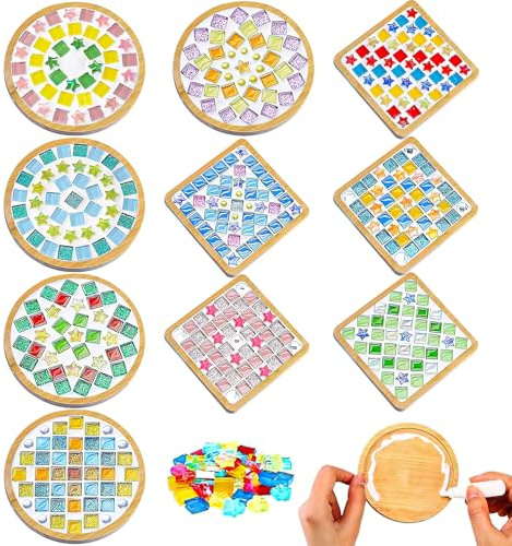 10 Sets DIY Mosaic Coaster Kit, Glass Tile Coaster Craft Kit for Adults
