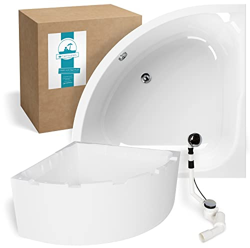 Calmwaters® Eckbadewanne Komplettset 120x120 cm mit Wannenträger & Ablaufgarnitur, Acrylwanne Modern Small 2, Duo-Badewanne für 2, Set Badewanne komplett, Eckwanne 120 x 120 cm, Weiß, 99000046