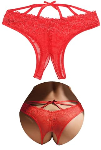 comeondear String Ouvert Femme Sexy Chic Tanga Dentelle Fleurs Culotte Grande Taille Dos Ajouré Slip Bresilien Respirante sous-vêtements Féminins Lingerie Stretch Underwear Thongs Rouge,M