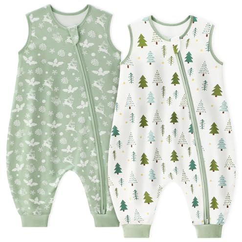 Unnivoll Sacco nanna con piedi, 1,0 Tog, sacco nanna estivo, confezione da 2 pezzi, in cotone con gambe, sacco nanna morbido, 80 cm, per ragazzi e ragazze, albero verde
