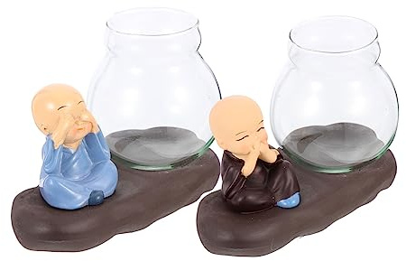 VICASKY 2 Pièces Vase Hydroponique Verre et Résine avec Décoration Moine Sculpté Petit Vase Dintérieur pour Plante Ornement pour Maison et Bureau