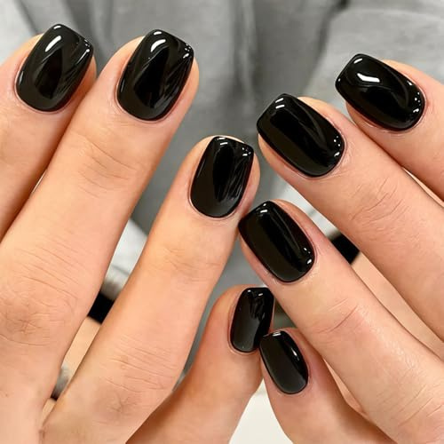 24 Pcs Black False Nails, Wsimily Press on Nails Square Solid Color Stick on Nails Acrylic Nail Short Full Cover Fake Nail for Women and Girls, Easy DIY Nail Art