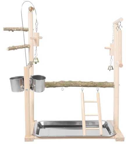 SHINEOFI Parrot Stand aus Natürlichem Holz mit Snack Schalen und Leiter Vogelspielplatz für Papageien Trainingssitzstange Balance und Bewegung Geeignet für Kleine Papageien und