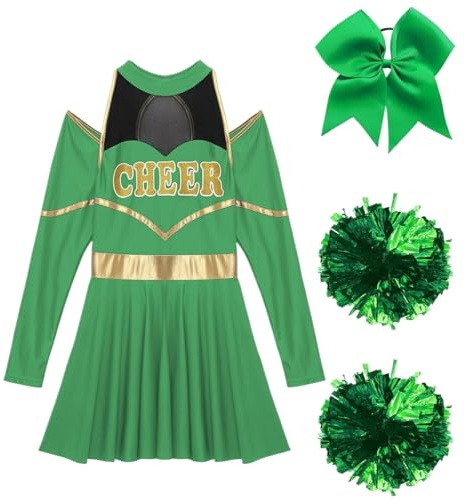 CNYUON Cheerleader-kostym för kvinnor, halloween, Cheerleading, uniform, långärmad, Cheer Up-dansklänning med pompoms hårknytning för Cheerleading, klänning (grön, S)