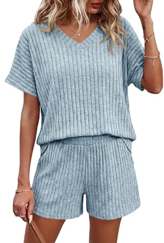 Tankaneo Womens 2 Piece Short Sets Lounge Outfits Summer Ribbed V Neck Short Sleeve Tops Casual Pajama Sets