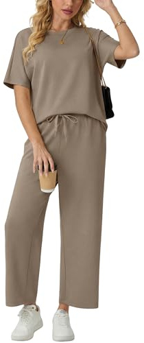 GRECERELLE Chándal de dos piezas para mujer, chándal de verano, traje, manga corta, informal, cuello redondo, camisetas y pantalones de chándal anchos con bolsillos