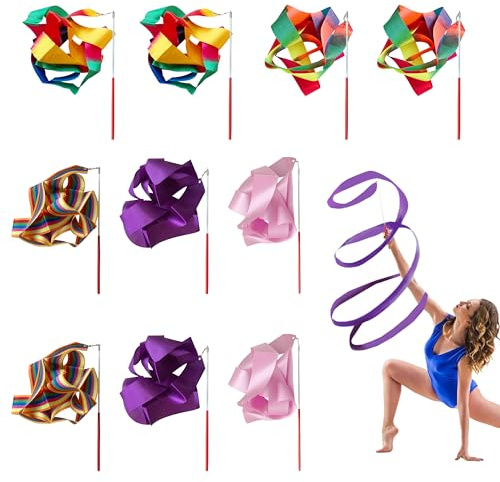 Pushiibee Gymnastikband Mit Stab, 10 Stück Tanzband Mit Stab für Damen, Mehrfarbig Rhythmische Sportgymnastik Band Gymnastikband Tanzband Tanzbänder Mit Stab für Party Tanz Zirkus
