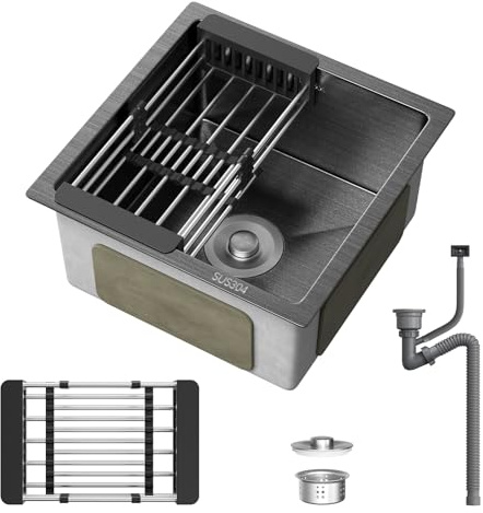 40x40cm Kitchen Sink, 20cm Deep Single Bowl 304 Stainless Steel - Black | Nano-coat Campervan Sink Workstation Sink with Waste Kit, Drain pipe, Overflow & Pull-out Drainer Basket