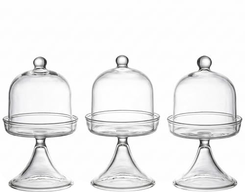 Striegro 3PCS Mini Cake Stand, Transparent Glass Cake Stand With Dome, Pedestal Cakecup Holder For Cupcakes & Small Desserts, Clear.