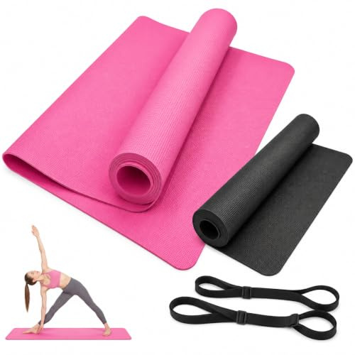 3mm Yoga Mat with Carry Strap, 173 x 61cm Lightweight Exercise Fitness Pilates Stretching Gym Mat, Pink or Black