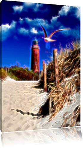 Pixxprint Leuchtturm mit Möwe an Strandweg, Größe: 60x40cm, Leinwandbild, fertig gespannt, Wandbild, Dekoration, Kunstdruck, kein Poster