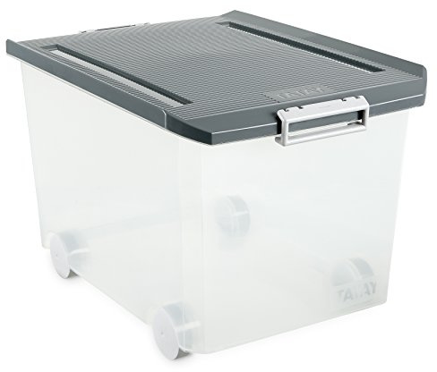 Tatay Caja Almacenaje Plastico 60 L Multiusos | Tapa con Bisagra y Ruedas Incluidas | Asas Ergonómicas en ABS | Diseño Apilable y Resistente | Plástico Libre de BPA | 40x56,5x36,2 cm, Gris