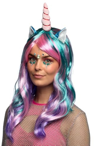 Boland 85818 – Peruk enhörning dagdröm med öron och horn, långt hår rak, karneval, halloween, karneval, temafest, utklädnad, teater