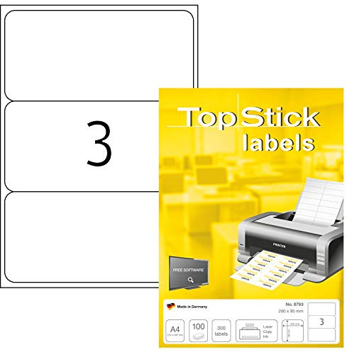 TopStick 8793 Universal Etiketten, 100 Blatt, 200 x 95 mm, 3 pro A4 Bogen, 300 Stück, selbstklebend, bedruckbar, matt, blanko Papier Klebeetiketten Aufkleber, weiß