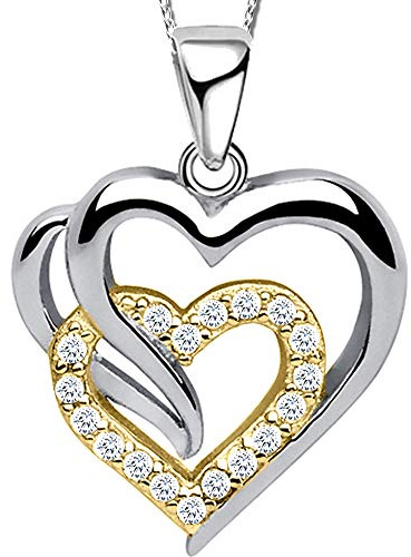 Damen Herz Hals-Kette mit Anhänger echt 925 Sterling Silber mit Zirkonia Frauen Bicolor K822 + V11 Gold 42cm