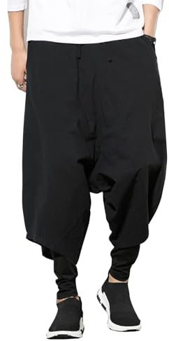 Seidarise harembyxor för män hiphop joggingbyxor säckiga breda ben byxor vardag haremslinne japansk yoga, Svart, XL