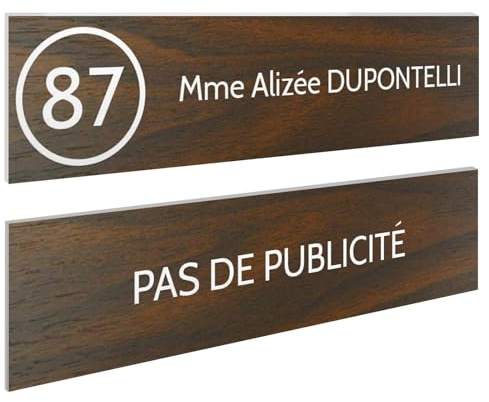 DECOHO - Plaque Boite aux Lettres Personnalisable - Lot de 2 plaques adhésives en Plastique Durable - Bleu Lettres Blanches - Format 100x - Marron