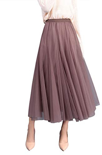 ANIMQUE Donna Estate Gonna in Tulle Lunghezza 83cm Linea A Midi Caviglia Alta Vita Elegante Elastico, Marrone Cannella