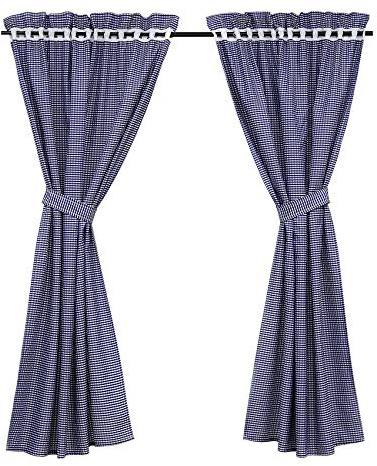 HeichkelL 2 Stück Karo-Muster Gardinenschals mit 2 Raffhalter Karierte Gardinen Landhausstil Blickdichte Küche Vorhänge mit Tunnelzug Blau BxH 80x145 cm