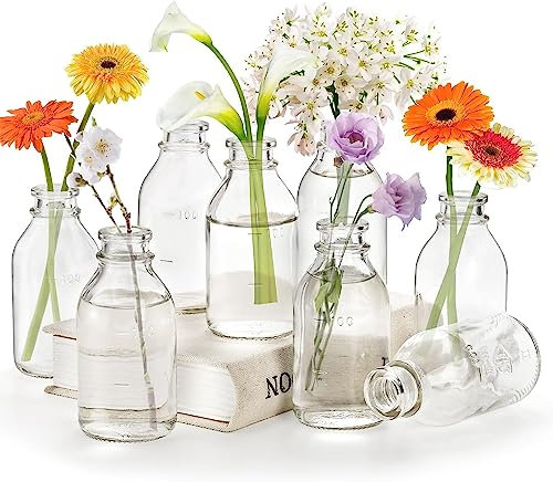 Okllen 12 Pcs Small Glass Bud Vases, Clear Milk Flower Bud Vases in Bulk Vintage Style Decorative Glass Bottles Floral Vase for Home & Table Decoration, Wedding Event, Party Reception