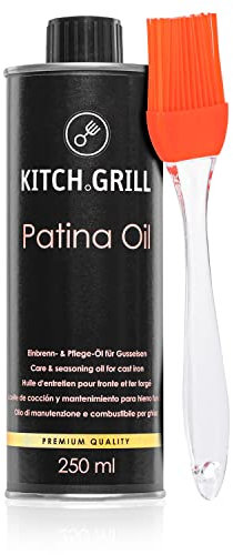 KitchGrill® Einbrenn- und Pflegeöl inkl. Silikonpinsel | 250 ml | Patinaöl für Gusseisenpfannen und - Töpfe, Grillroste, Grillplatten, Dutch Oven, etc. | Gusseisen, Schmiedeeisen, Einbrennöl, Pflegeöl