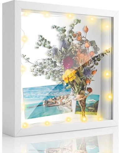 Brmeday 3D Bilderrahmen zum Befüllen - Bilderrahmen Tief 20x20 cm für Objekt bis 3cm, 3D Objektrahmen Weiß für Hochzeit, Geburtstag, Taufen, Reisen, Abitur Geschenk, mit 3M LED Lichterkette