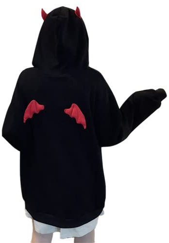 Aobiono Frauen Teufel Hoodie mit Hörnern Flügeln Kawaii Alt Anime Ästhetisch Harajuku Y2K Gothic Niedlich Demon Japanische Dark Academia, Schwarz, S