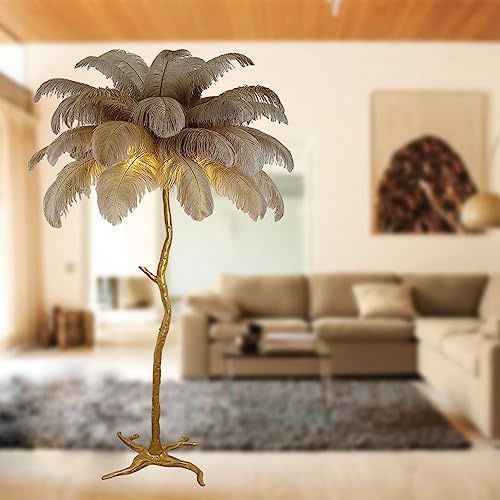 KISFWIU lampadaire, Lampe en Plumes d'autruche avec 35 Plumes Lampadaire en résine dorée Grand lampadaire Convient pour Les Chambres et Les Salons 170 * 110cm (Brown)