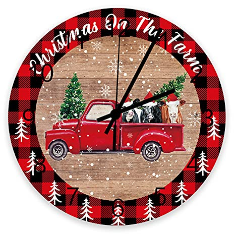 803 Reloj De Etiqueta De Pared Navidad En La Granja Camión Rojo Tire De La Vaca Lechera En Tablero De Madera Retro Wall Clock Moderno Reloj De Pared De Cuarzo 9.8Inch para Restaurante, Oficina