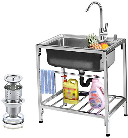 WORDFUN Fregadero De Acero Inoxidable, Fregadero De Cocina Comercial, Fregadero Exterior Jardin, Fregadero De Cocina Independiente, Mueble Pila Lavadero, Fregadero Camping con Grifo