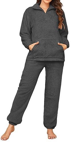 RITOSTA Pigiama Donna Invernale Felpato Pigiama Invernale in Pile Morbido Pigiami Stitch Lungo Pigiama Natalizio Tuta Termica Due Pezzi Donna con Felpa Pile di Cerniera,Pantalone (Grigio Scuro,M)
