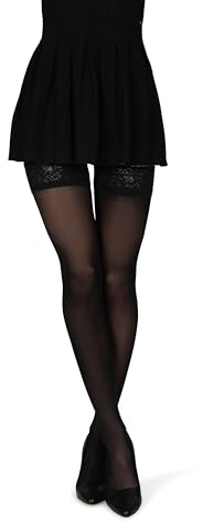 looksy Bas Autofixants Femme 30 Deniers Transparente Haut Dentelle Bande Silicone Antiglisse Cuissardes Au-dessus du Genou pour Robes Jupes Fête Mariage, Nero, Taille XS/S
