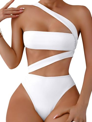 Lilosy Sexy Cutout Tube One Shoulder Swimsuit High Waist Piece Cheekly Bikini Brazilian Women Bandeau Bathing Suit White Medium