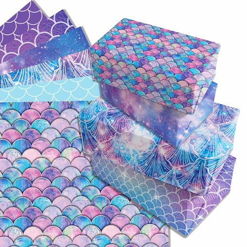 12 Blätt Meerjungfrau Geschenkpapier,Doppelseitig Bedrucktes Geschenkpapier Geburtstag 6 Arten Geschenkpapiers Blatt für Urlaub Geburtstag Geschenkpapiers 50 x 68 cm