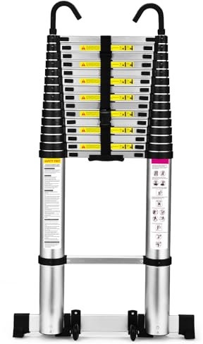 HBTower Scala telescopica da 6,3 metri con ganci e piedini antiscivolo, leggera scala pieghevole in alluminio per soppalchi, camper, esterni ed interni, capacità di 150 kg.Argentato