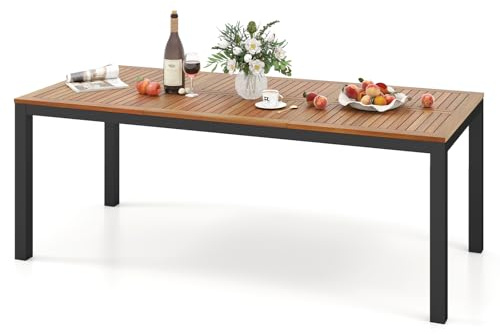 GOPLUS Table de Salle à Manger Jardin pour 8 Personnes, Table à Manger Extérieure en Bois d'Acacia FSC avec Trou de Parasol, Cadre en Métal, Pieds Réglables, pour Jardin, Terrace(90x200x75CM)