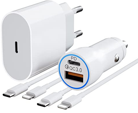 USB C Schnellladegerät USB C Autoladegerät, 20W iPhone Ladegerät & 38W Kfz Ladegerät USB C Zigarettenanzünder Adapter mit 2Pack Type C Schnell Ladekabel für iPhone
