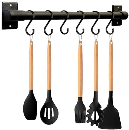 Smallboutique Schwarzer Aluminium-Utensilienhalter, Küchenregal, Wandmontage, Küchenschiene, Pfannenaufhänger mit S-Haken zum Aufhängen von Küchenutensilien, Badezimmer-Gadget