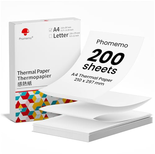 Phomemo 200 Sheets A4 Thermal Printer, Folded Continuous Printing Paper, 210mm X 297mm (8.27''×11.69''), Compatible with M832/M831/M833 Portable Printers, Suitable for Printing Documents, Pictures